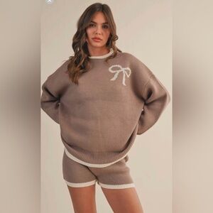 Elegant Taupe Sweater with White Bow Detail